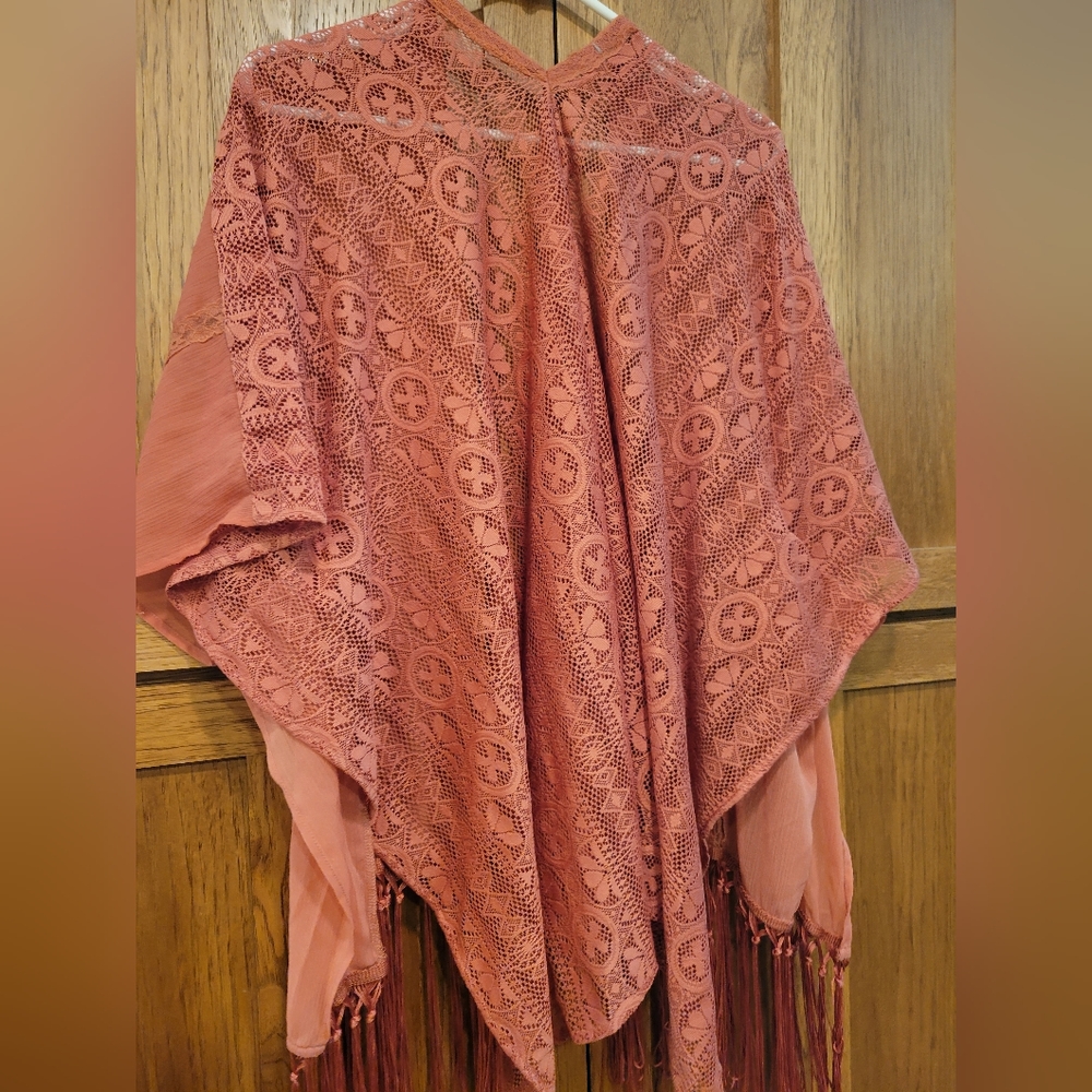 Maurice's Coral Pink Lace Back Tassel Kimono Cover-up  S/M - Picture 6 of 9